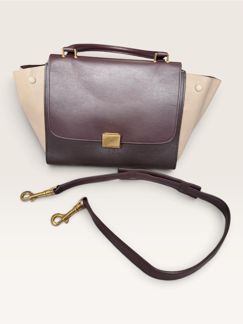 Celine Two-Tone Leather Top-Handle Satchel in Burgundy and Taupe